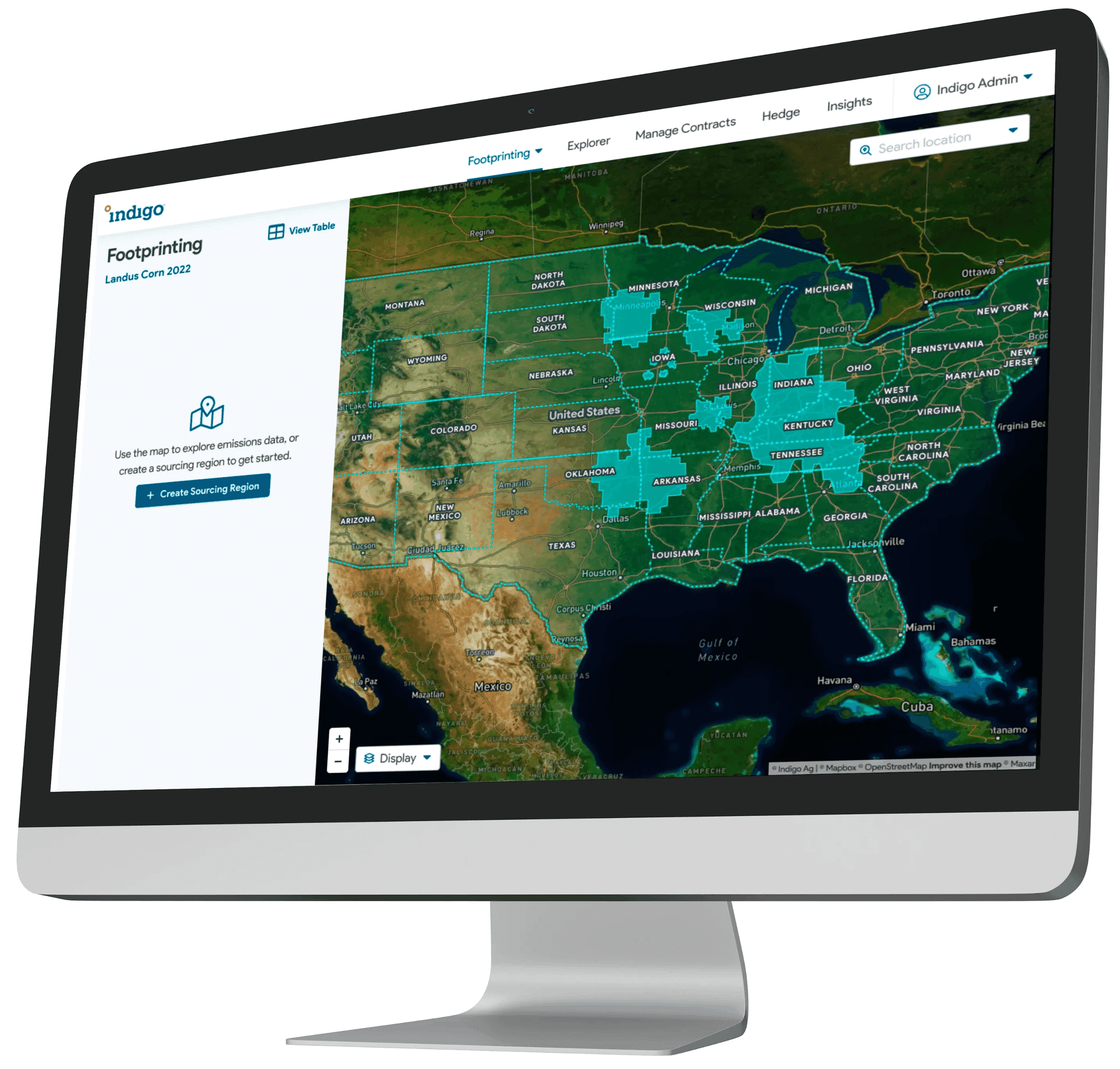 Indigo Footprinting product UI: US map with sourcing regions and View Table control