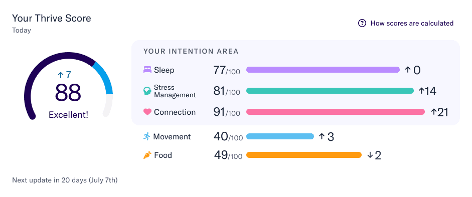 Thrive Score summary: an overall score of 88 with per-area scores for Sleep, Stress Management, Connection, Movement, and Food, each showing week-over-week change