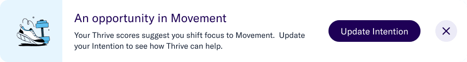 Insight banner: an opportunity in Movement, with a prompt to update your intention