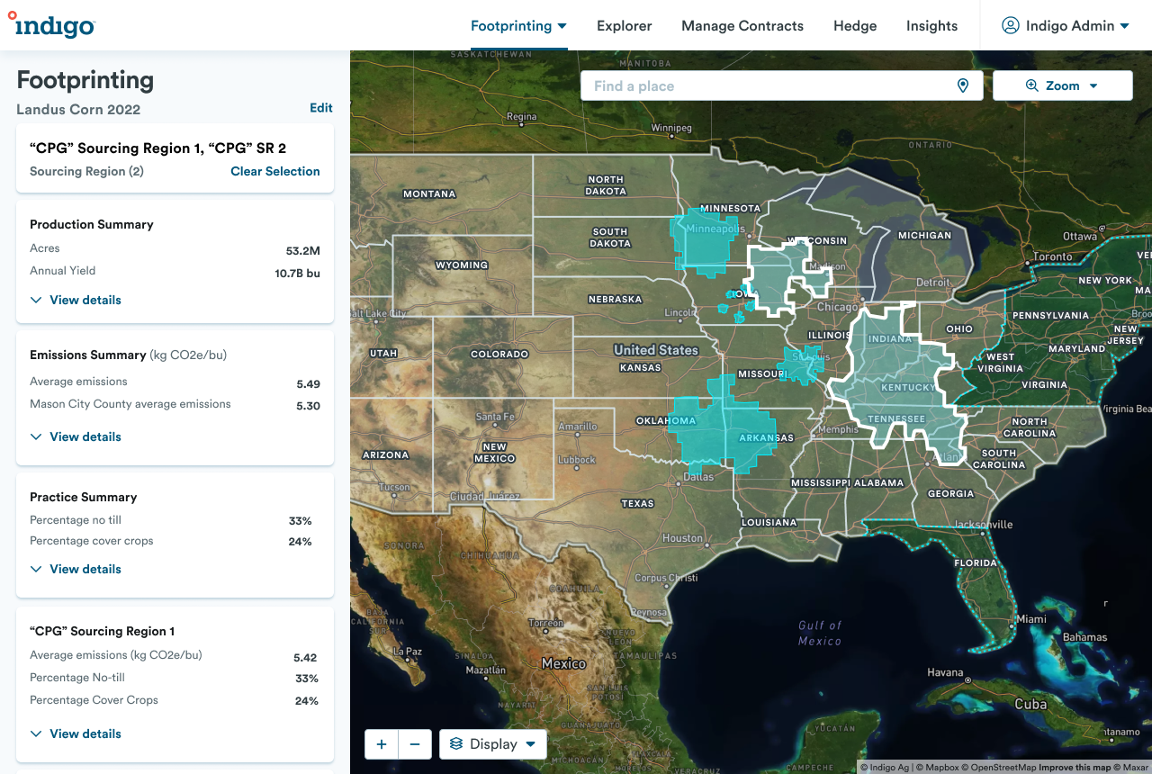 Indigo Footprinting product UI - a US map with crop sourcing regions selected and an emissions summary panel